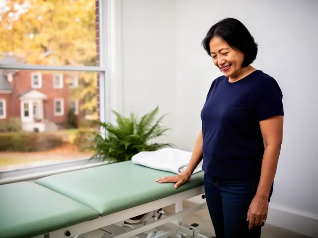 A woman with short black hair beside new equipment in a small physical-therapy clinic.
