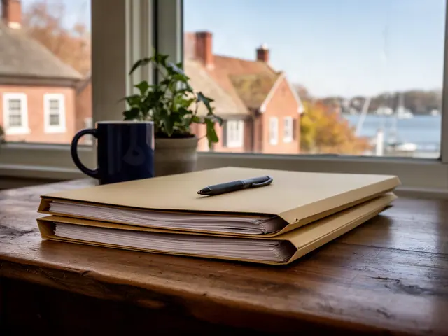 A neat stack of closed manila folders and a pen on a desk by a window.