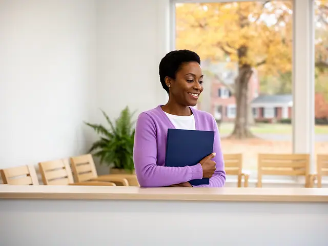 A clinic office manager holding a folder behind a reception counter.