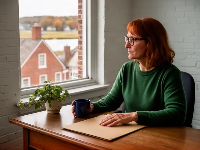 A woman with shoulder-length auburn hair and tortoiseshell glasses at a desk with a folder and a mug in a small back office.