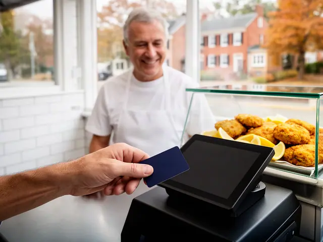 A customer taps a card on a counter terminal at a small crab-cake carry-out.