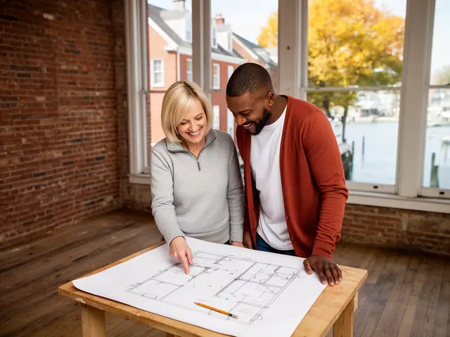 Two business partners looking over a pencil floor sketch in an empty storefront.
