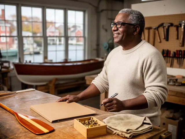 A man with short gray hair and black-framed glasses at a work table with a closed folder in a small wooden-boat restoration shop.